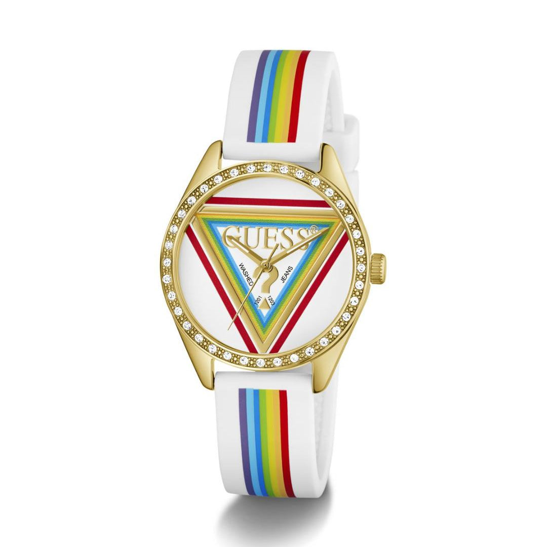 Guess watch with rainbow strap and logo on a white background