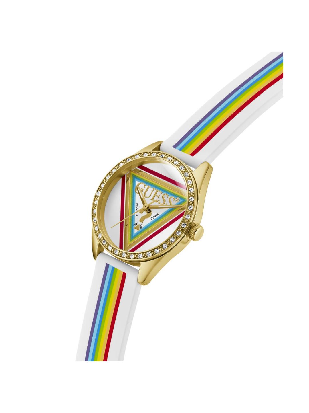 Watch with a colorful strap and triangular design on a white background