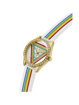 Watch with a colorful strap and triangular design on a white background