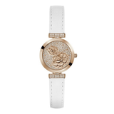 Luxury watch with floral design and white strap on a white background