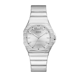 Silver watch with a white face on a white background