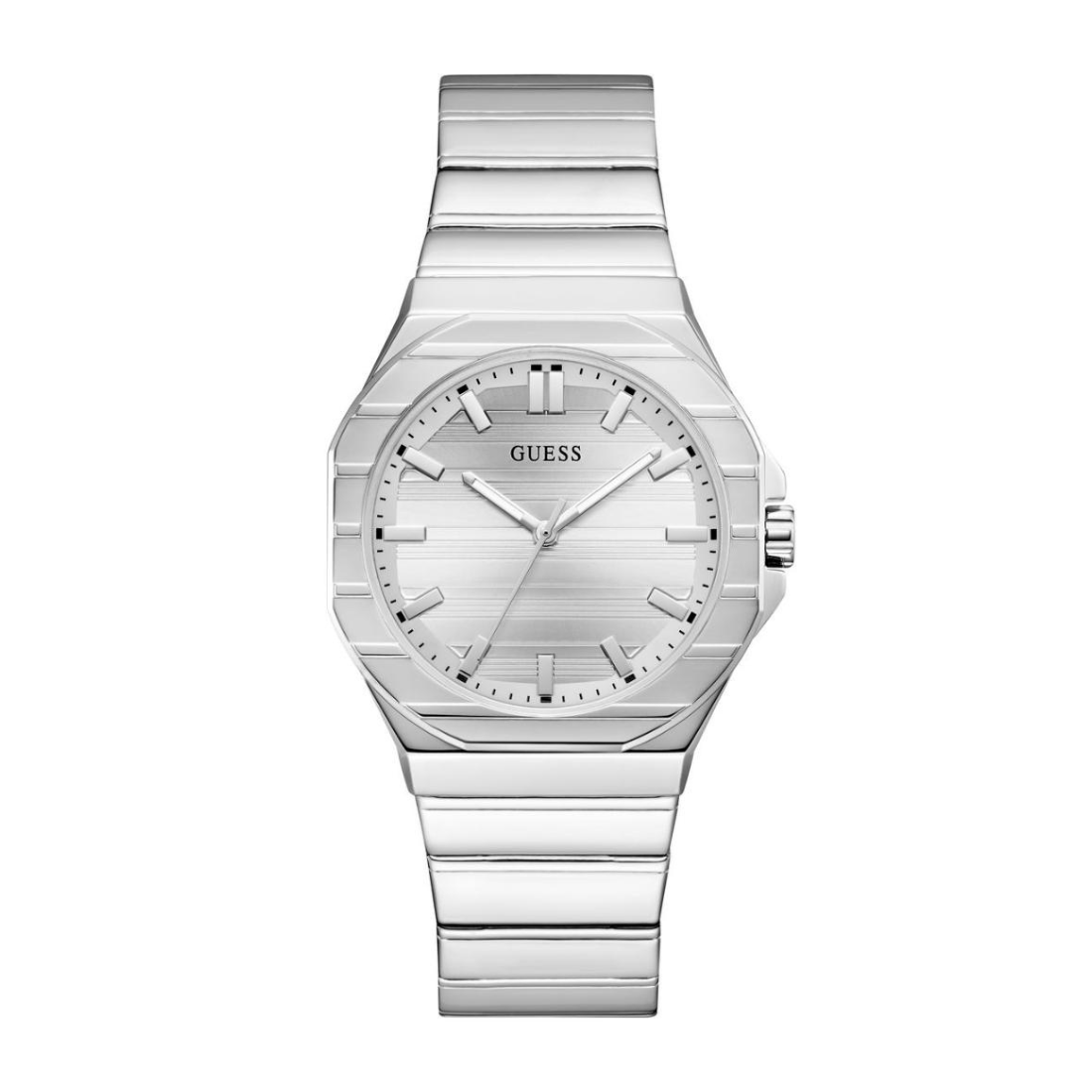 Silver watch with a white face on a white background