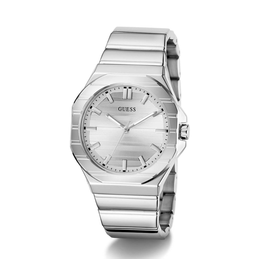 Silver watch with a white face on a white background