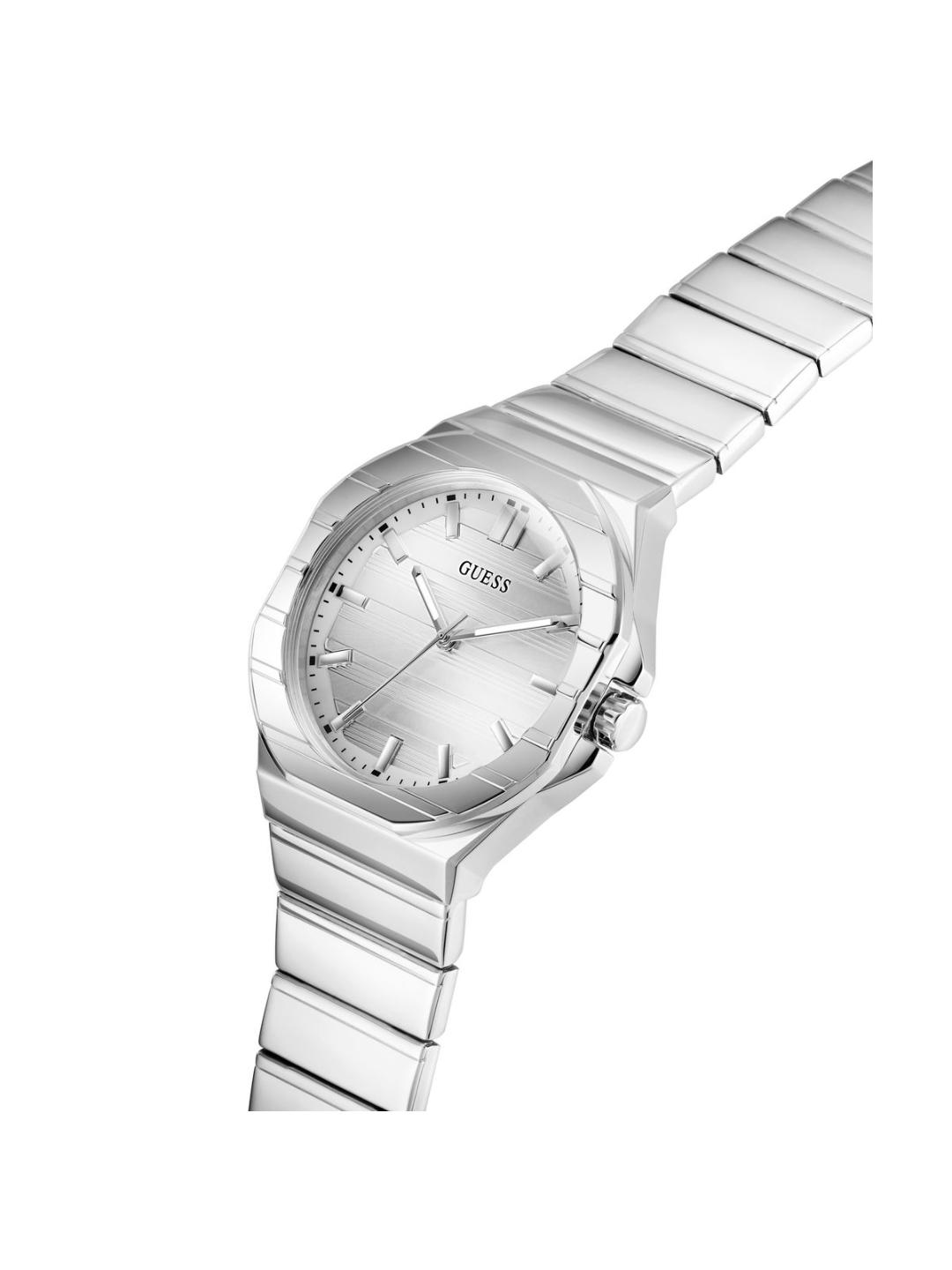 Silver watch with a metallic band on a white background