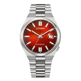 Citizen watch with red face and silver bracelet on a white background