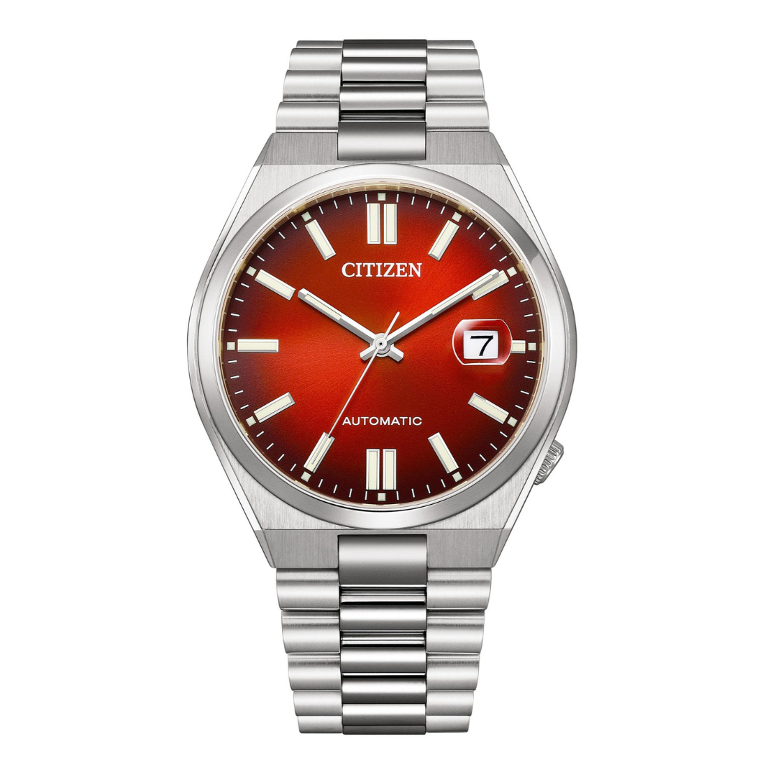 Citizen watch with red face and silver bracelet on a white background