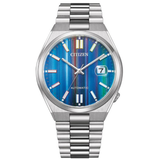 Silver watch with a blue face on a white background