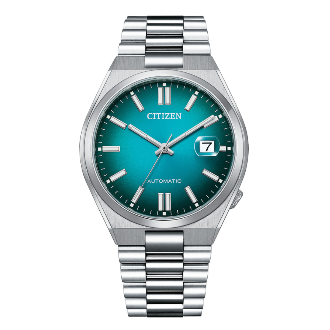 Silver watch with a blue face on a white background