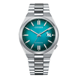 Silver watch with a blue face on a white background