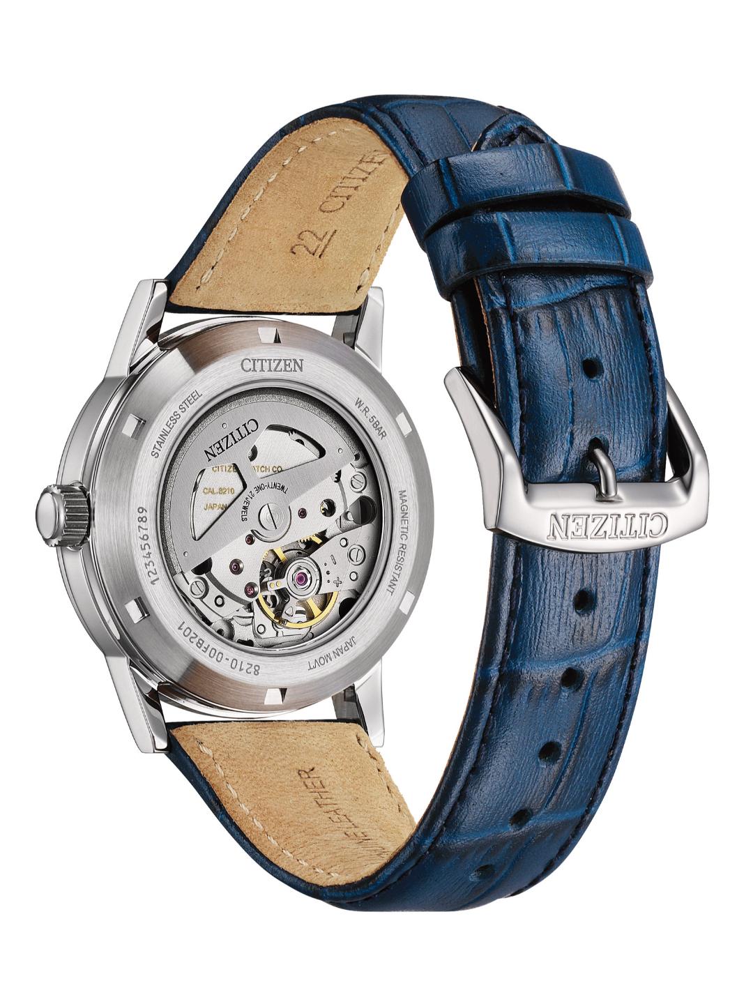 Men Automatic Blue Dial Analog Leather Watch NJ0210-13L