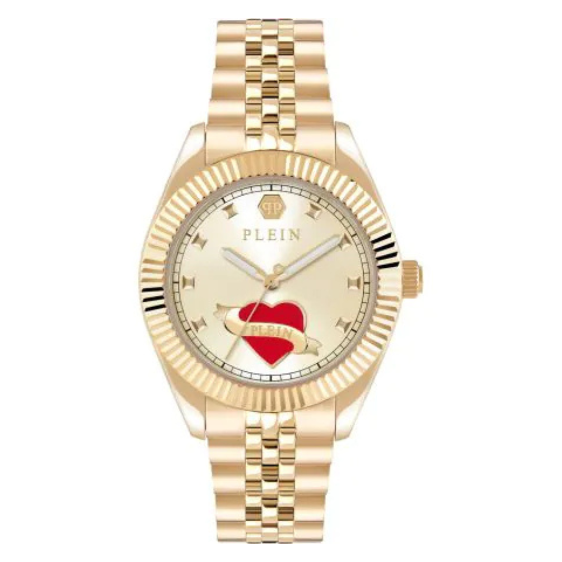 Gold watch with a heart design on the dial against a white background