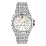 A Philipp Plein women's analog watch with a 38 mm white dial, featuring a diamond-accented bezel and a stainless steel bracelet.