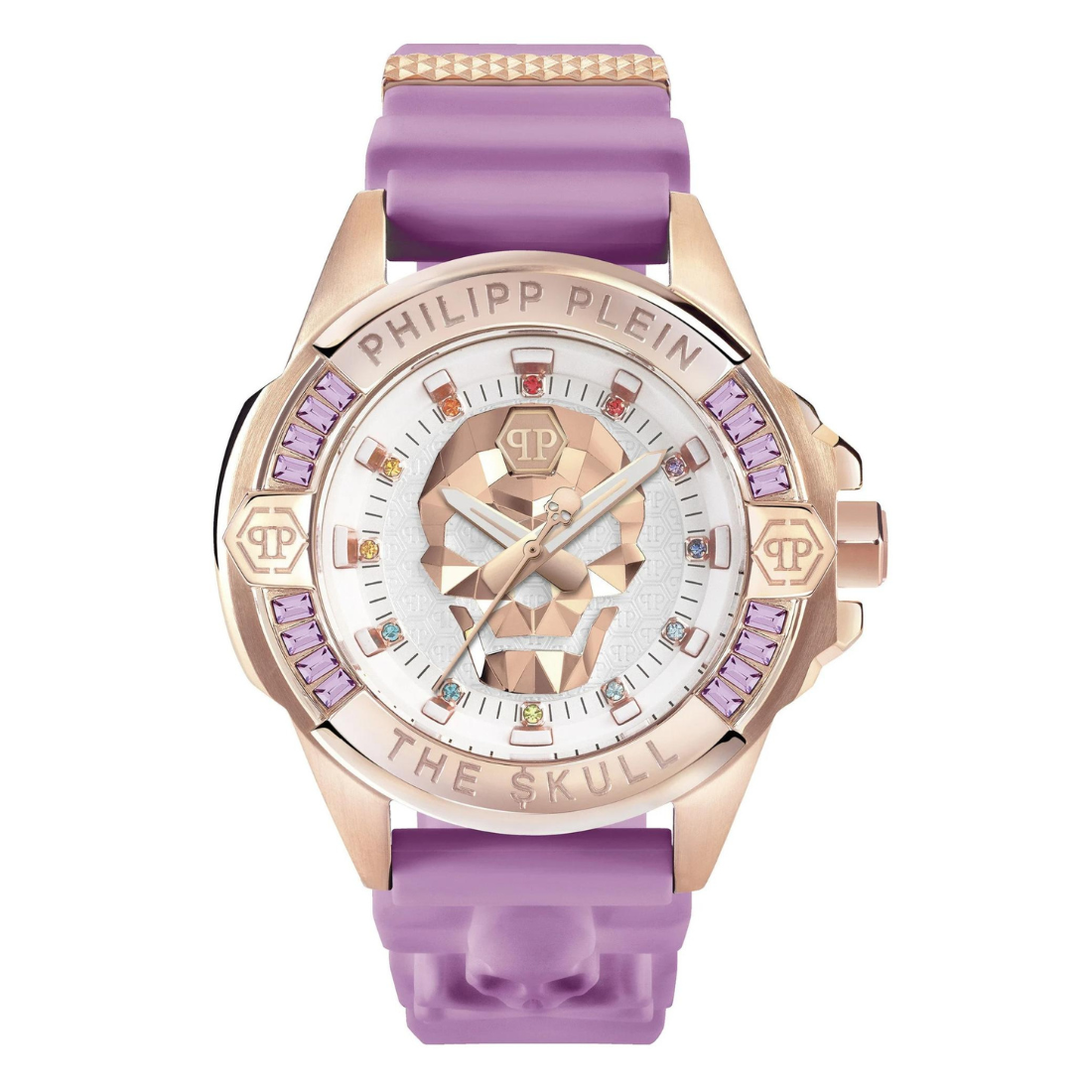 A Philipp Plein unisex analog watch with a white dial and a rose gold-colored case, featuring diamond accents and the brand logo.