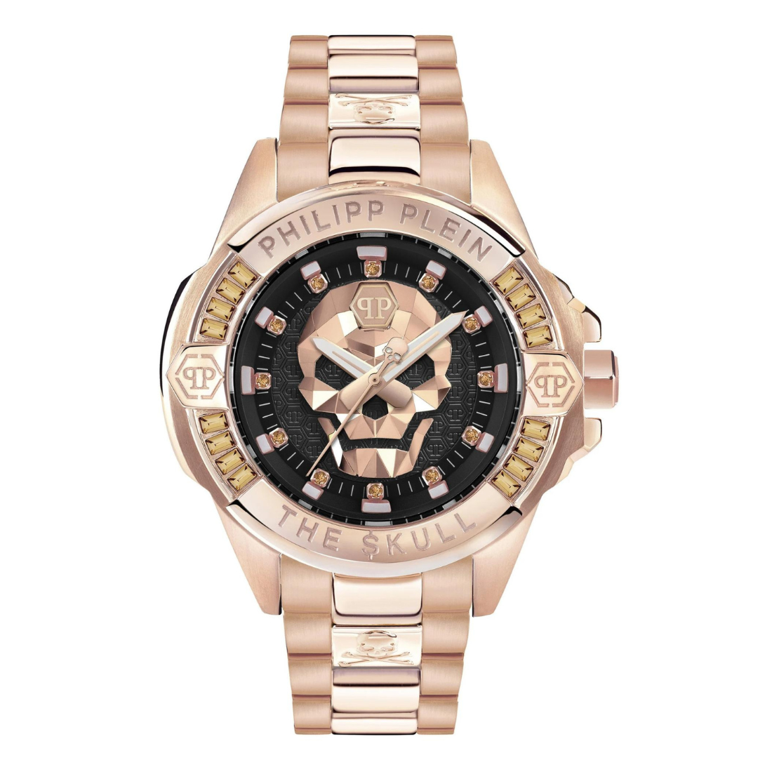 A brown dial analog watch with a metal case and a skull design on the dial, branded with 'Philipp Plein' and 'The Skull'.