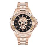 A brown dial analog watch with a metal case and a skull design on the dial, branded with 'Philipp Plein' and 'The Skull'.