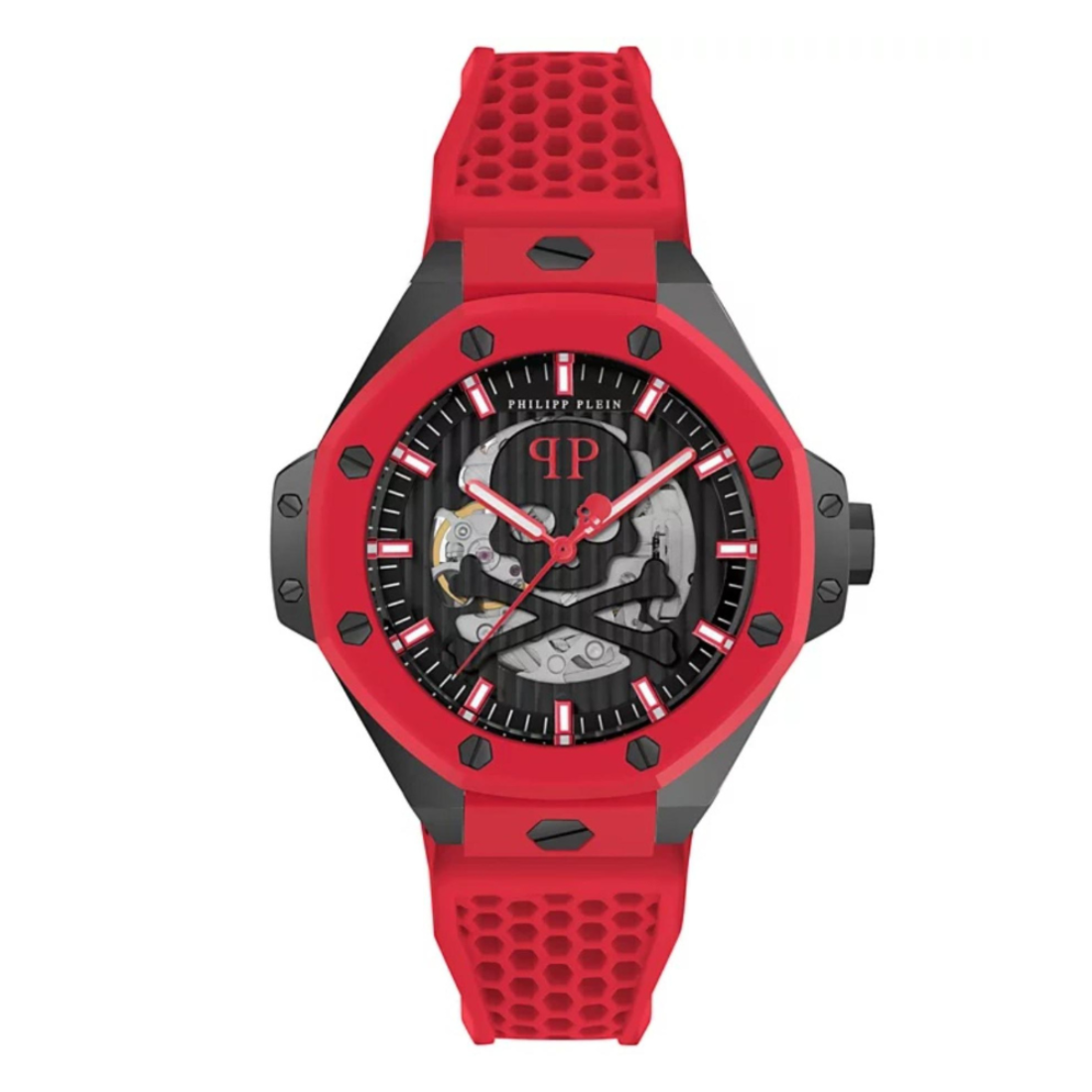 Red watch with a detailed face on a white background