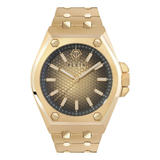 Gold watch with a textured face on a white background