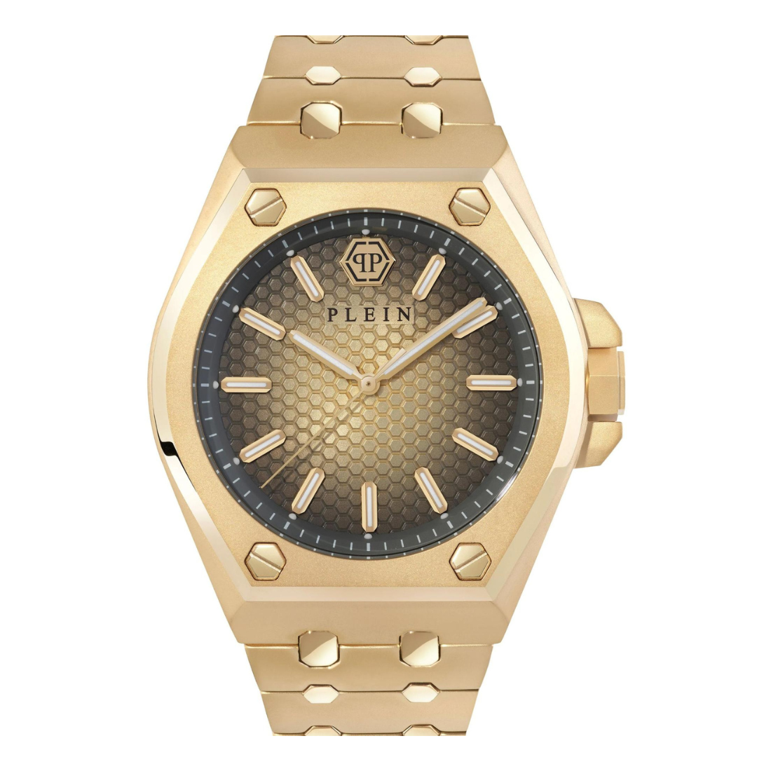 Gold watch with a textured face on a white background