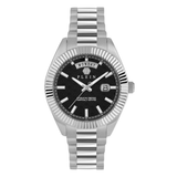 Silver watch with black dial on a white background
