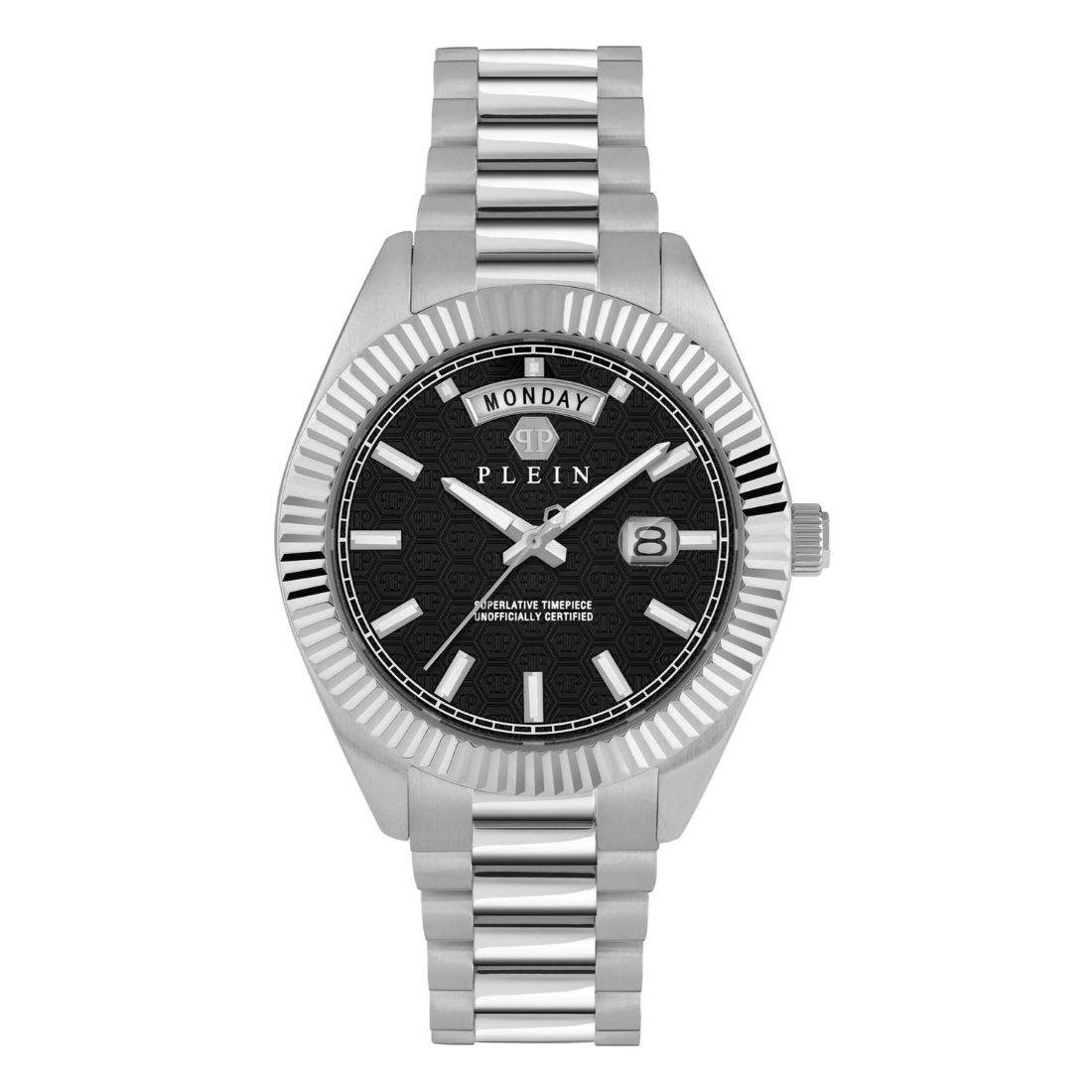 Silver watch with black dial on a white background