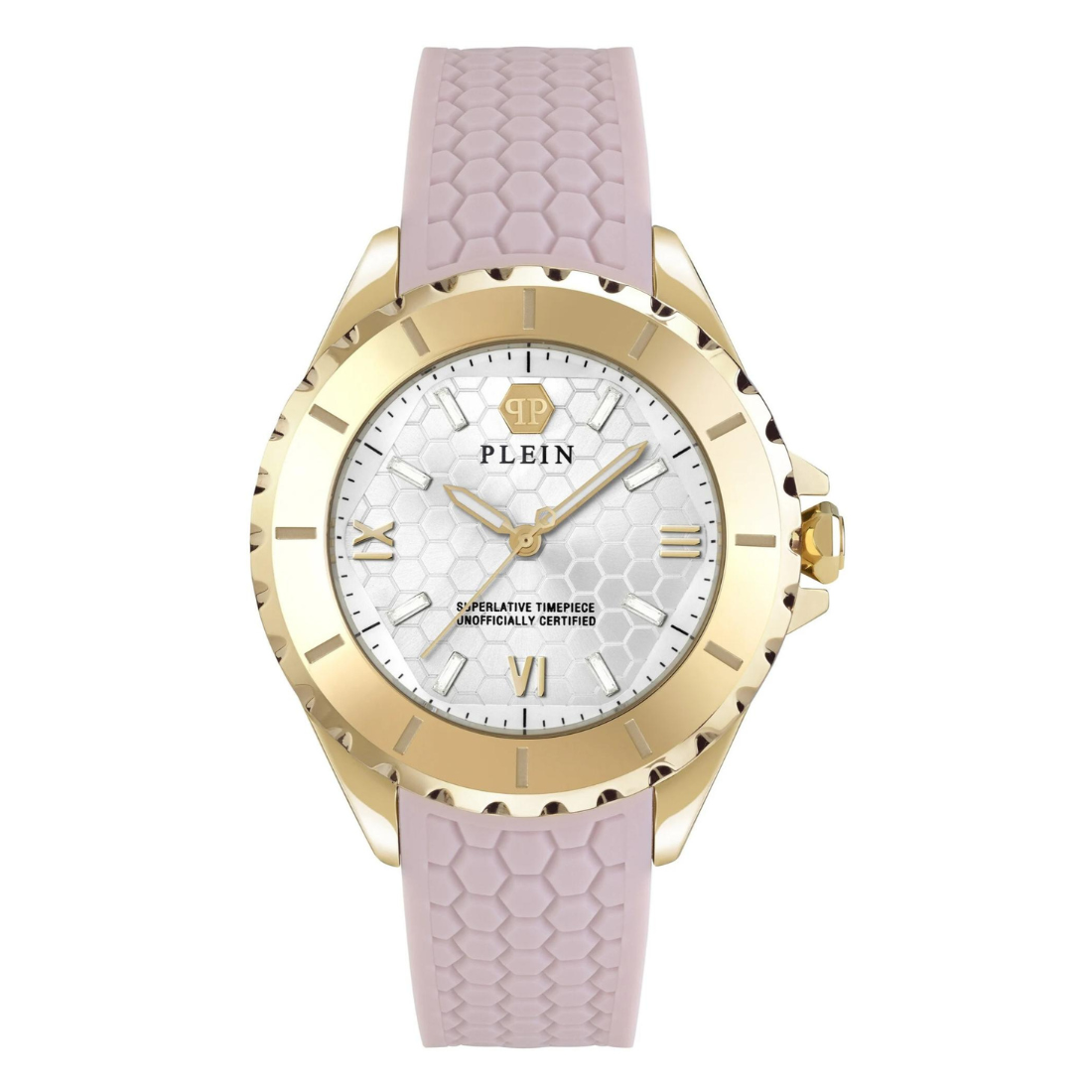 A Philipp Plein women's analog watch with a white dial and pink strap, featuring a gold-tone case and silver accents.