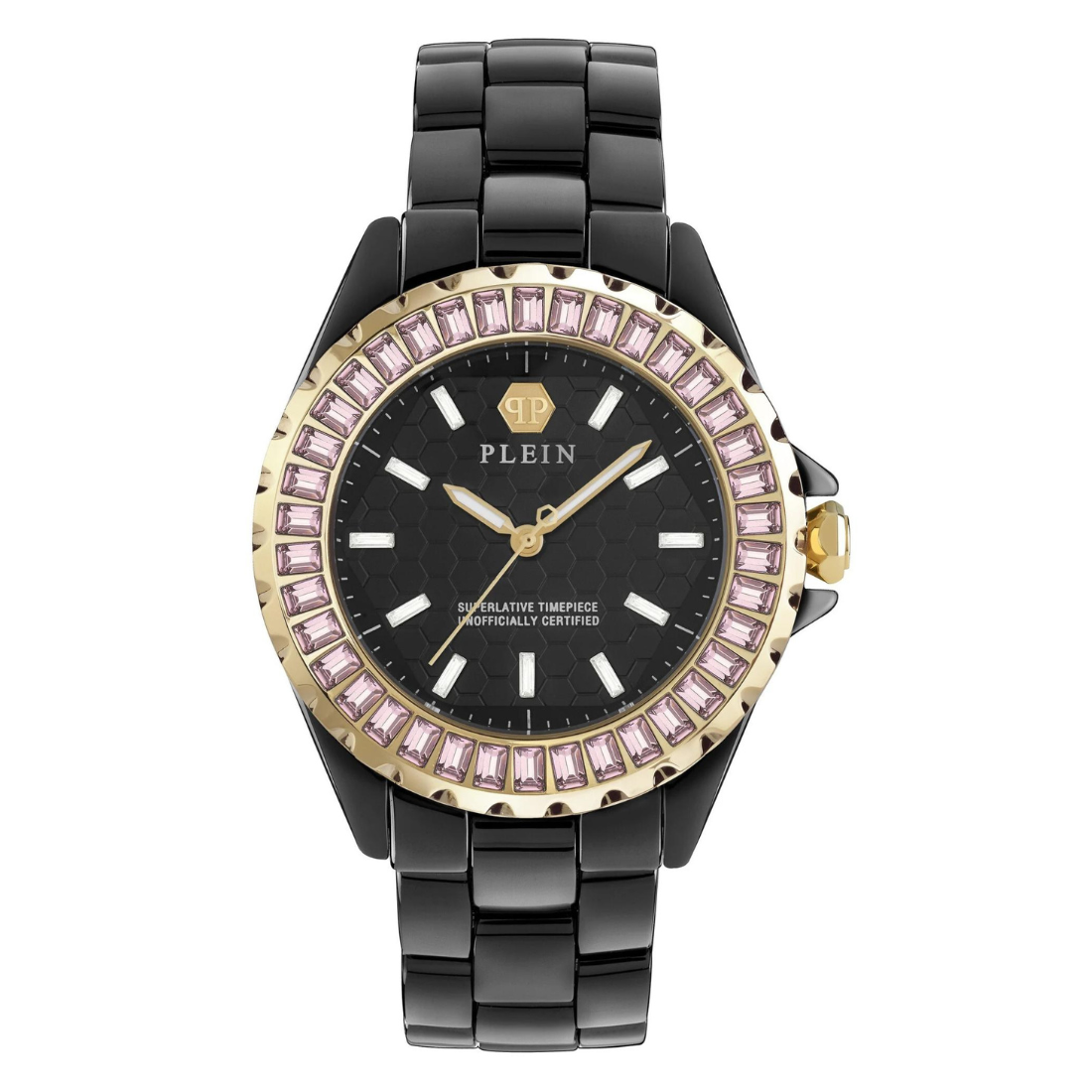 Plein watch with black and gold strap and pink gemstones on a white background
