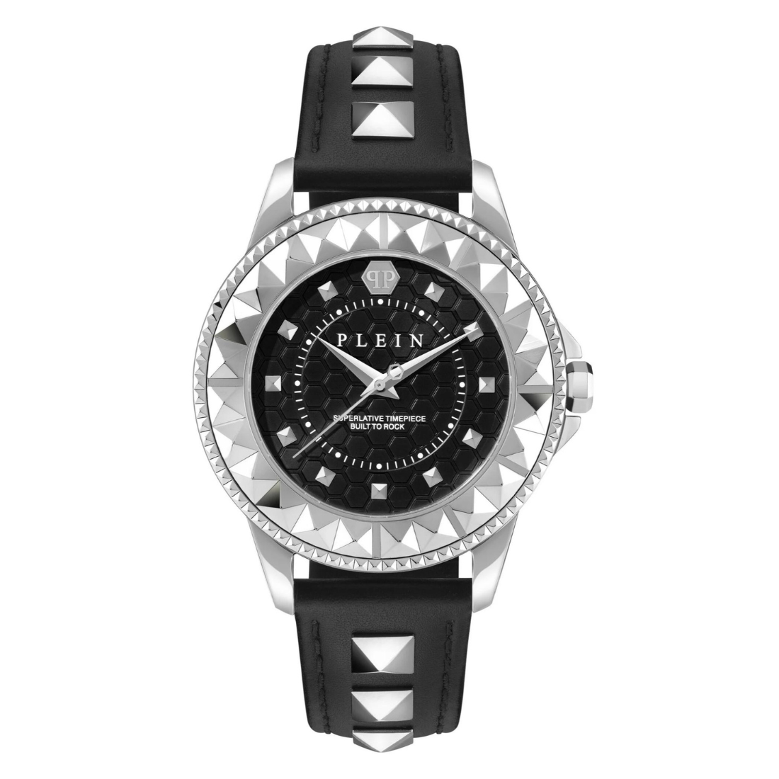 Wristwatch with black strap and decorative silver case on a white background