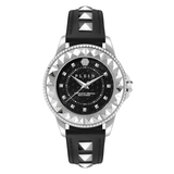 Wristwatch with black strap and decorative silver case on a white background