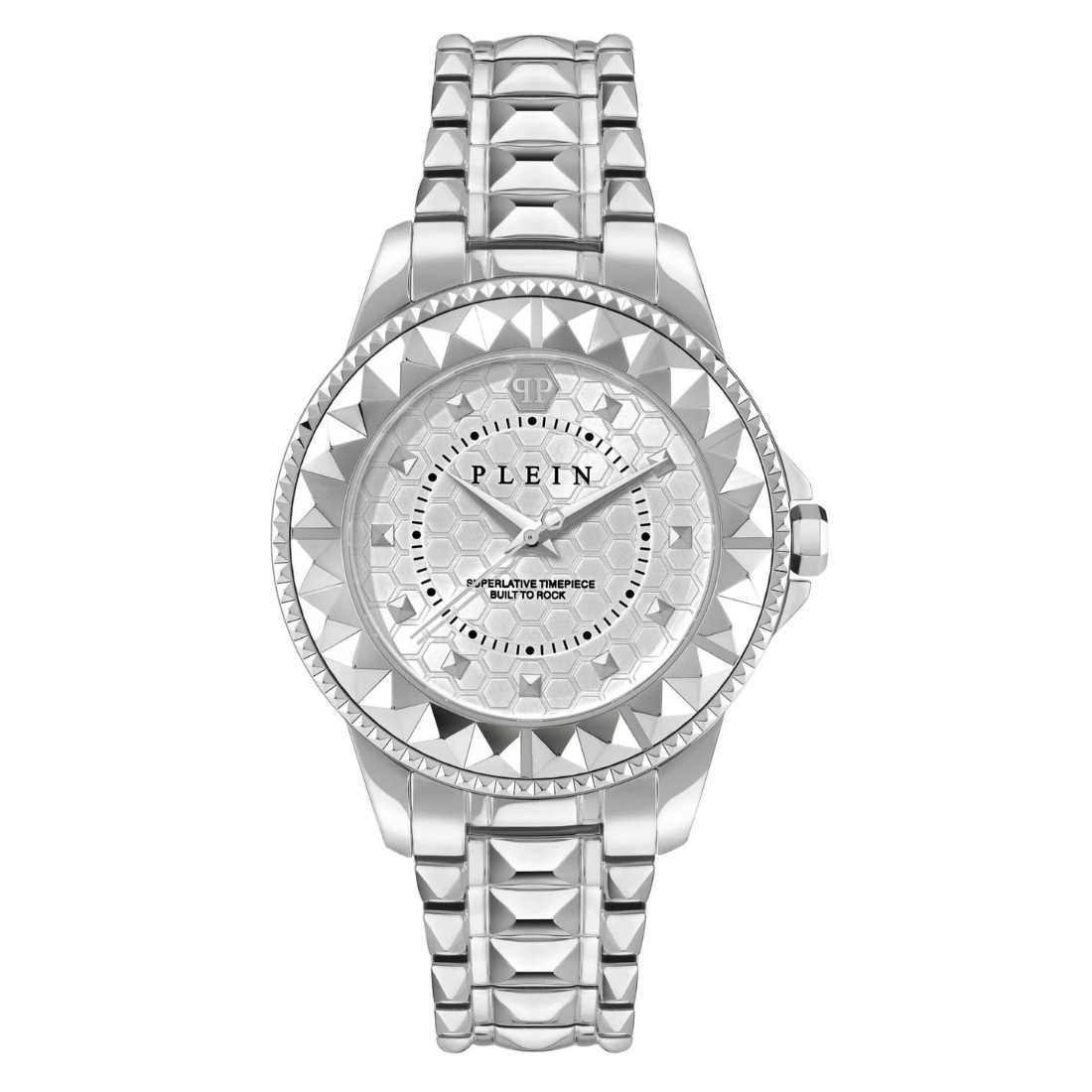 Silver watch with a detailed face on a white background
