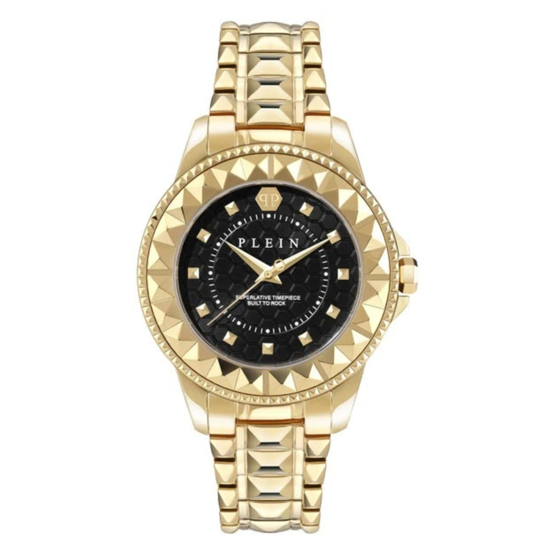 A Philipp Plein women's analog watch with a black dial and a gold-tone case, featuring a bold design with diamond accents on the bezel.