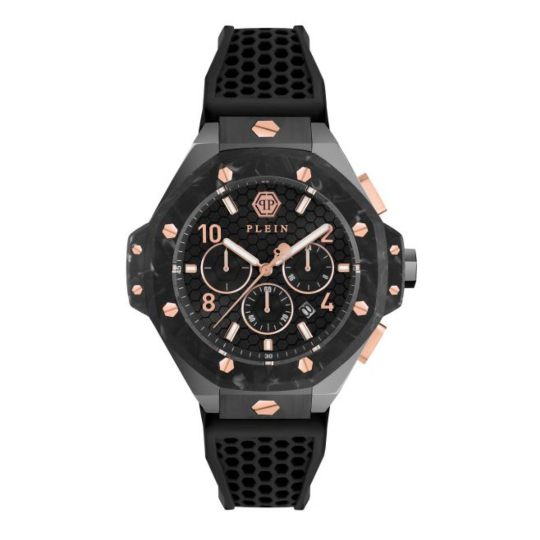Black and rose gold watch with detailed face on a white background