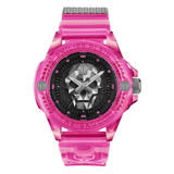 Pink Philipp Plein watch with skull design on a white background