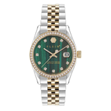 A Philipp Plein women's analog watch with a green dial and a stainless steel case with gold-tone accents and a diamond-accented bezel.