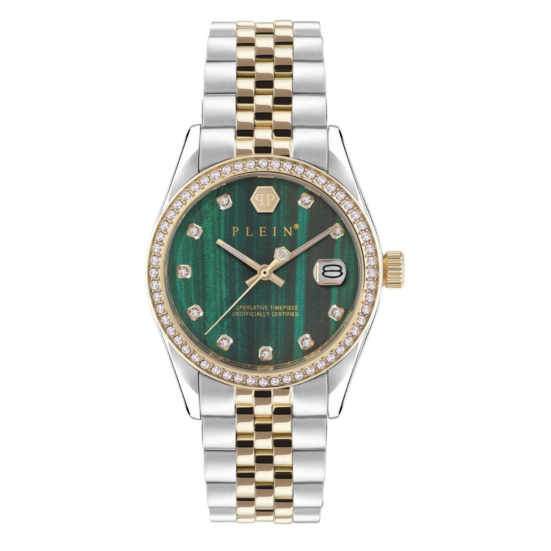A Philipp Plein women's analog watch with a green dial and a stainless steel case with gold-tone accents and a diamond-accented bezel.