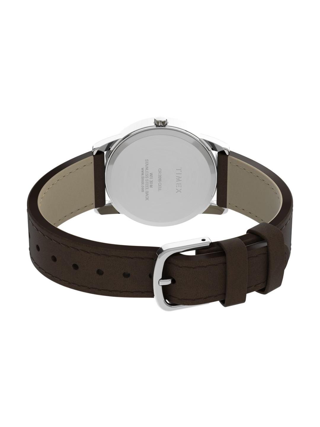 The back view of a Timex watch with a dark brown leather strap, silver-tone case, and beige inner lining, shown on a plain white background.