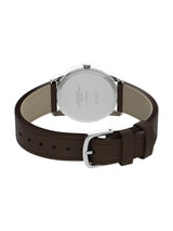 The back view of a Timex watch with a dark brown leather strap, silver-tone case, and beige inner lining, shown on a plain white background.
