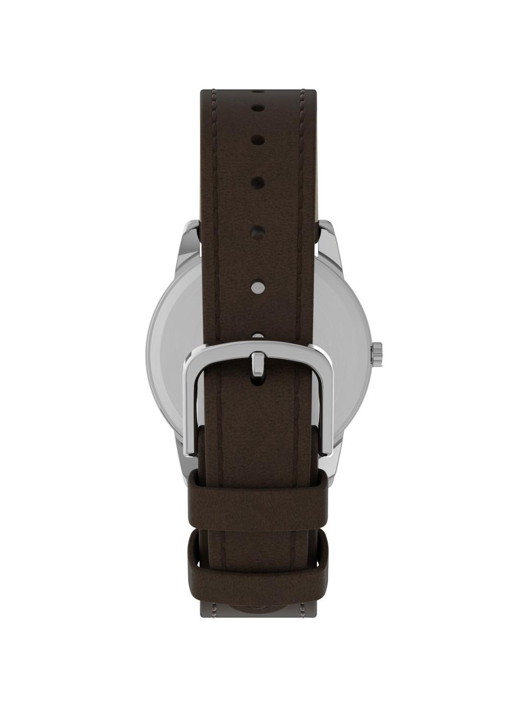 A close-up rear view of a watch with a dark brown leather strap and a silver-toned metal case on a plain white background.