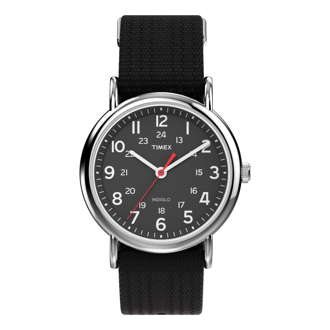 Timex watch with black strap and face on a white background