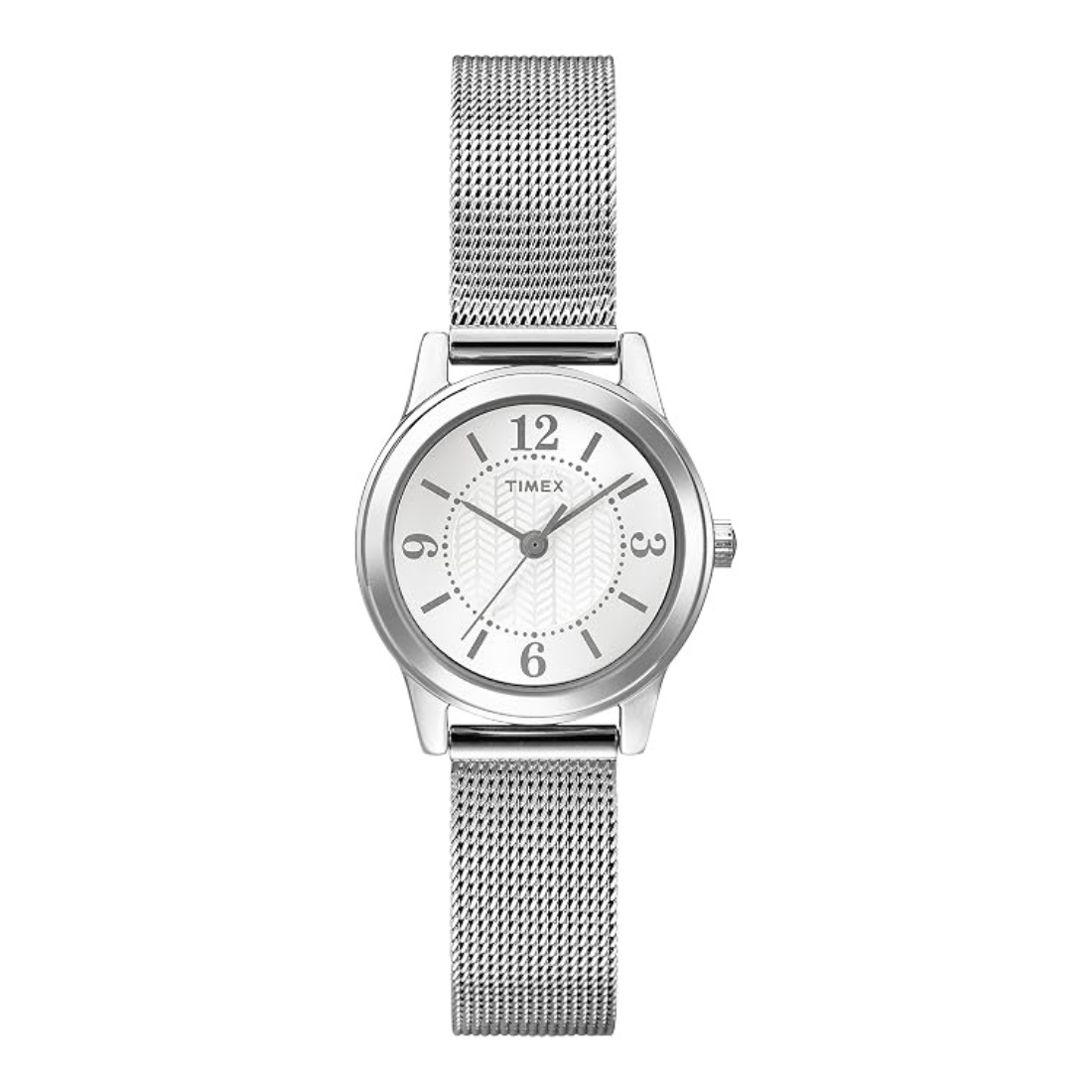 A Timex women's analog watch with a silver stainless steel mesh strap, silver case, and a white dial with black Arabic numerals.