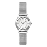 A Timex women's analog watch with a silver stainless steel mesh strap, silver case, and a white dial with black Arabic numerals.