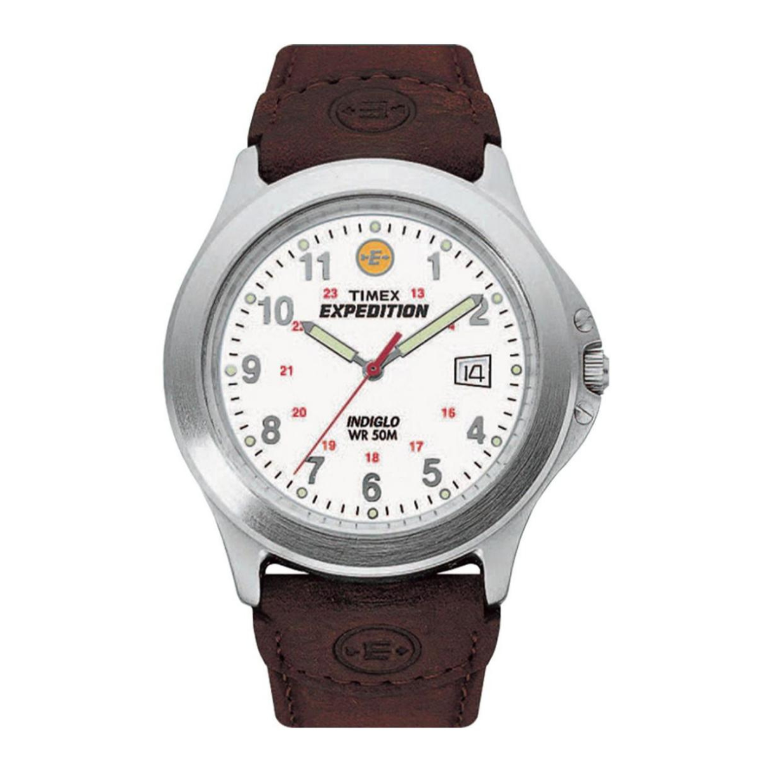 Timex Expedition watch with brown leather strap on a white background