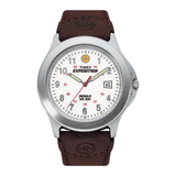 Timex Expedition watch with brown leather strap on a white background
