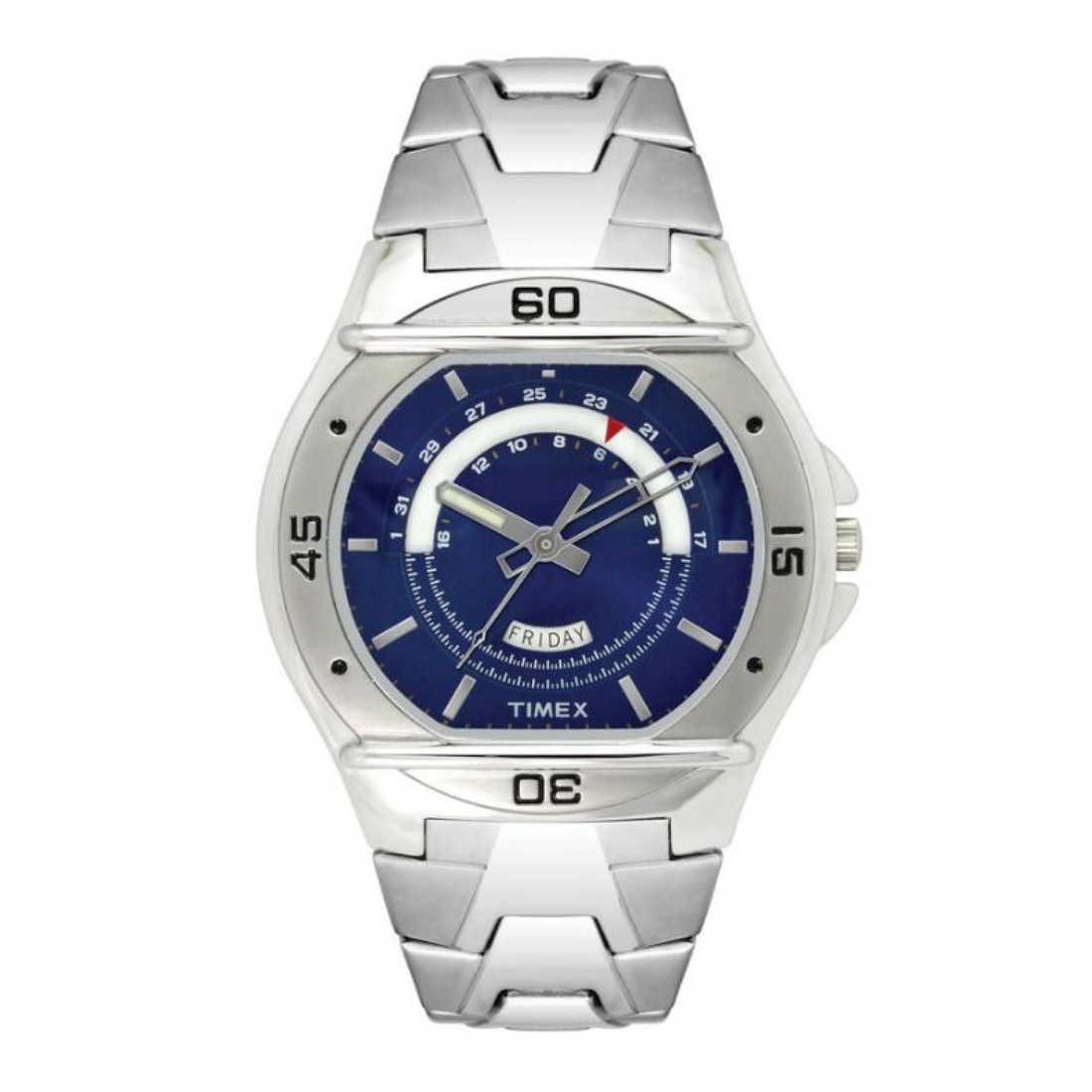 Silver Timex watch with a blue face on a white background