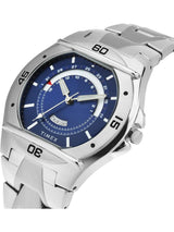 Timex watch with a blue face and silver metal band on a white background
