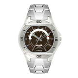 Silver Timex watch with a brown face on a white background