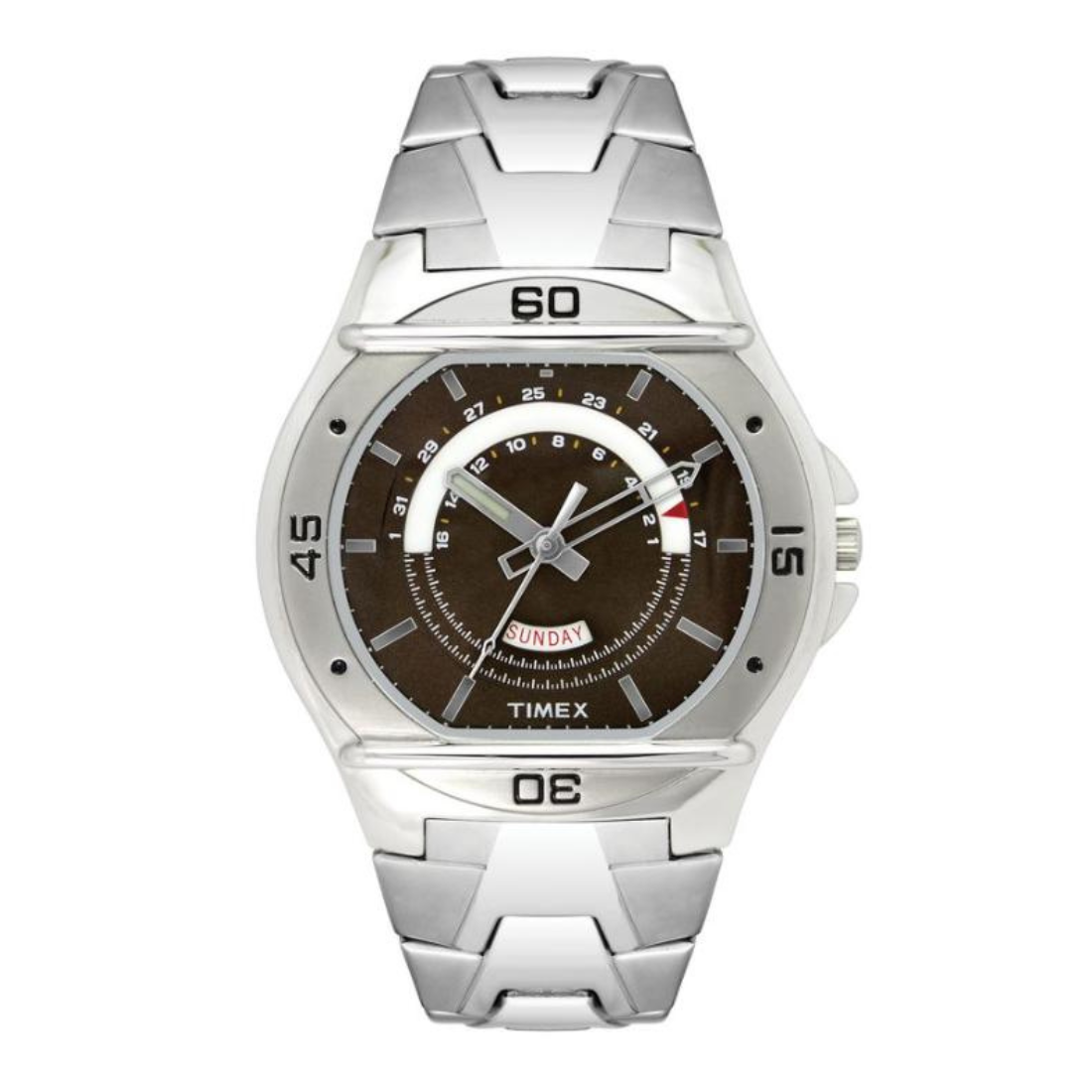 Silver Timex watch with a brown face on a white background