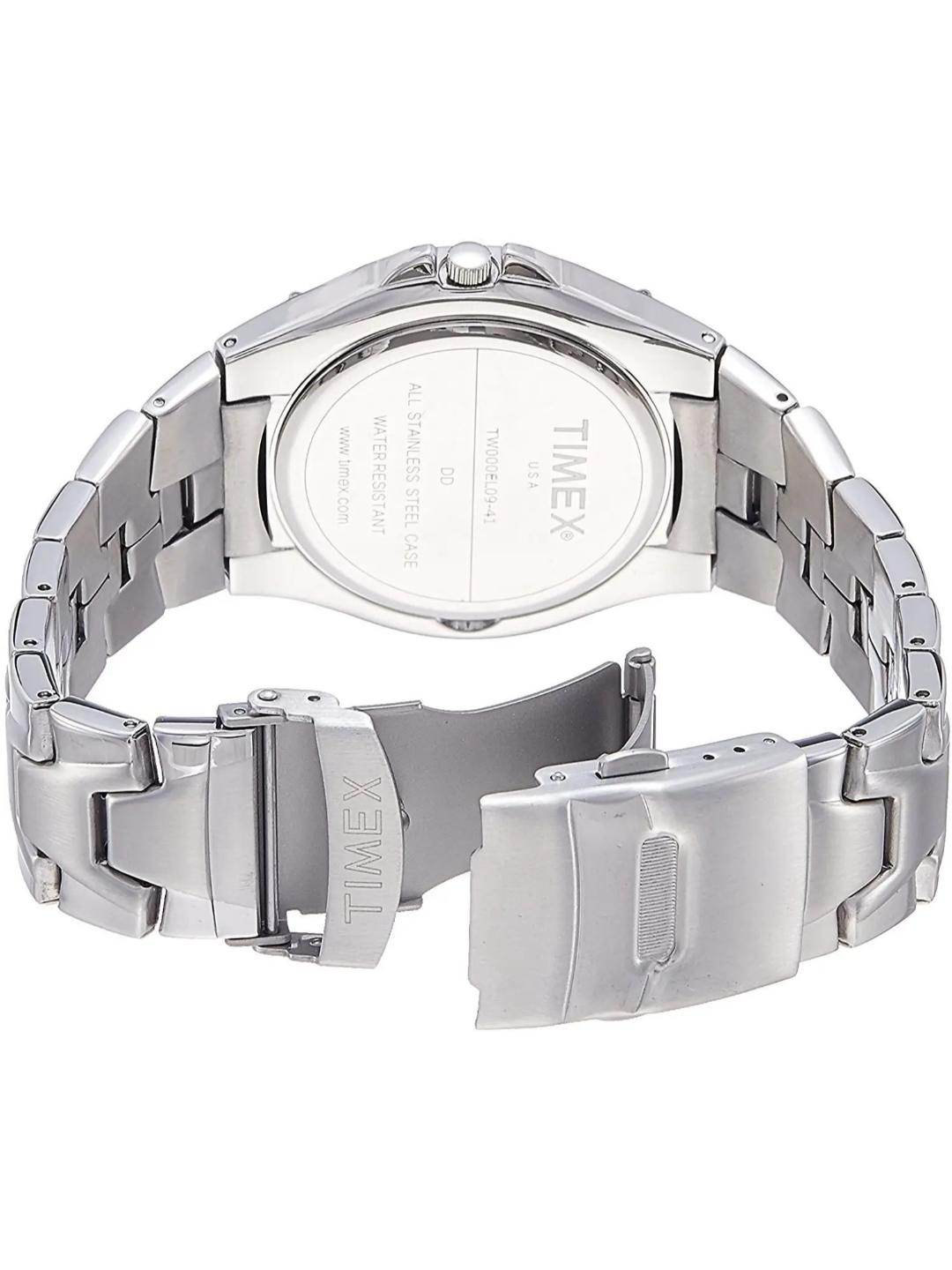 Silver Timex watch with metal band on a white background