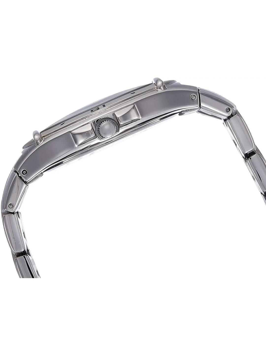 Close-up of a silver watch band on a white background