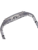 Close-up of a silver watch band on a white background
