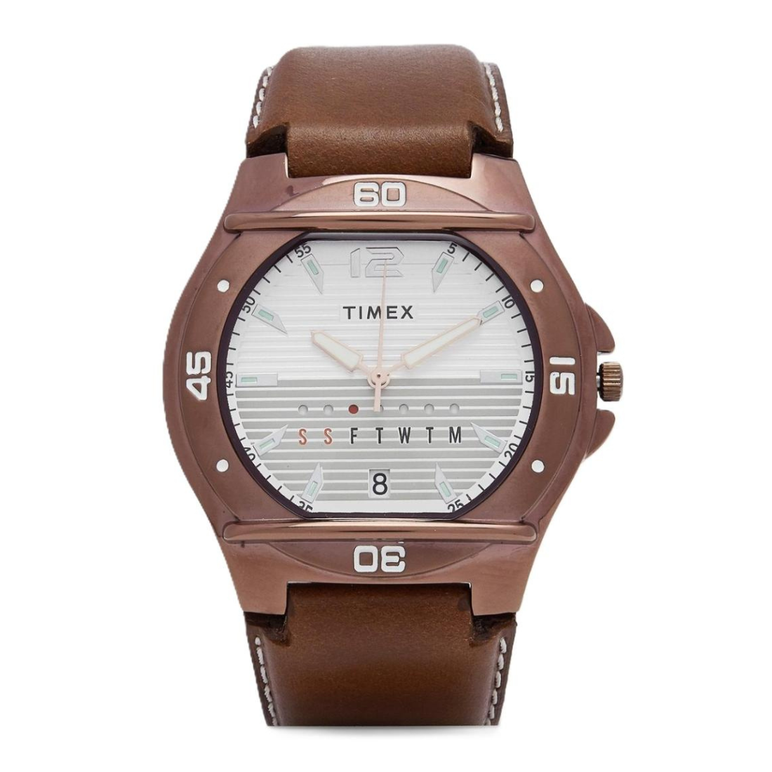 Brown Timex watch with a white face on a white background